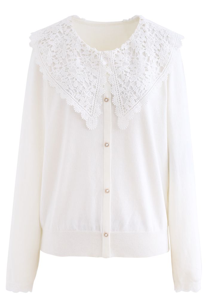 Crochet Collar Button Trim Knit Top in White