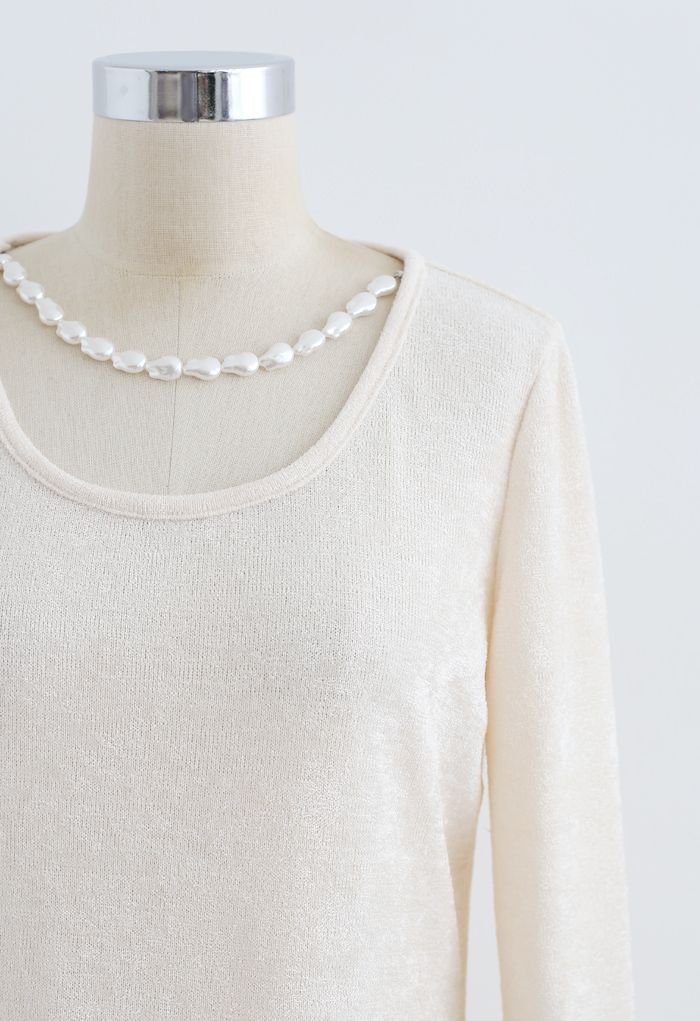 Necklace Fuzzy Long-Sleeve Top in Cream