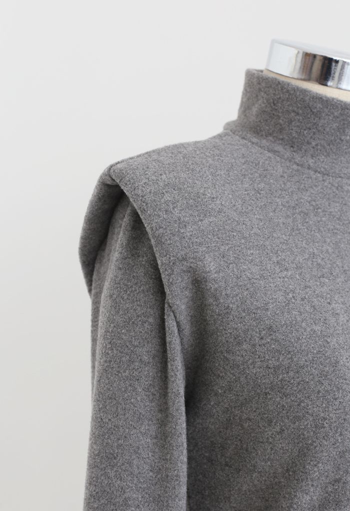 Padded Shoulder High Neck Fleece Top in Grey
