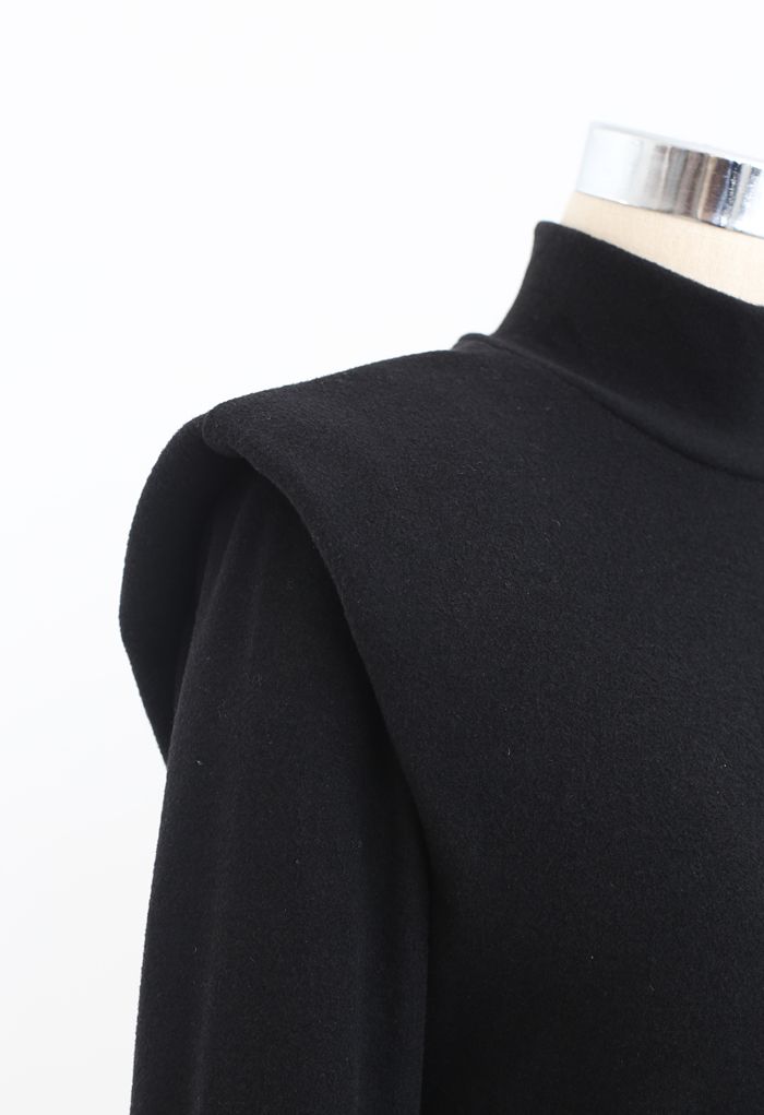 Padded Shoulder High Neck Fleece Top in Black