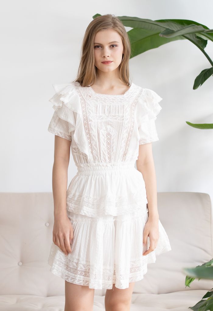 Short Sleeves Ruffle Crochet Tiered Dress - Retro, Indie and Unique Fashion