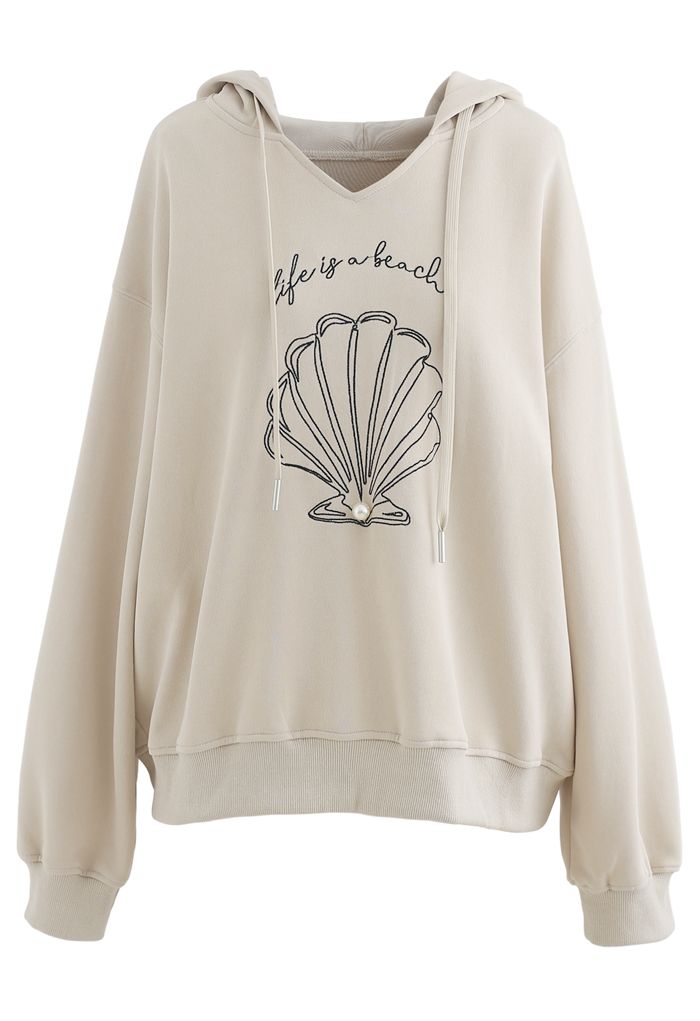 Scallop Embroidered Pearl Trim Hoodie in Sand