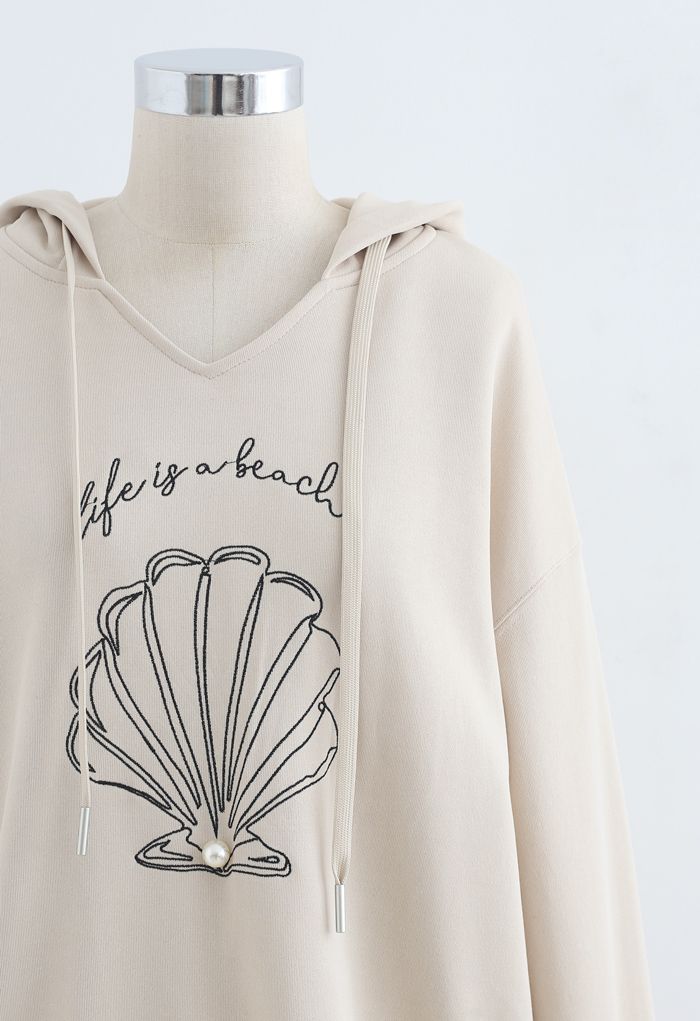 Scallop Embroidered Pearl Trim Hoodie in Sand