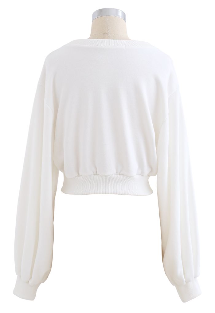 Puff Sleeve Cropped Sweatshirt in White
