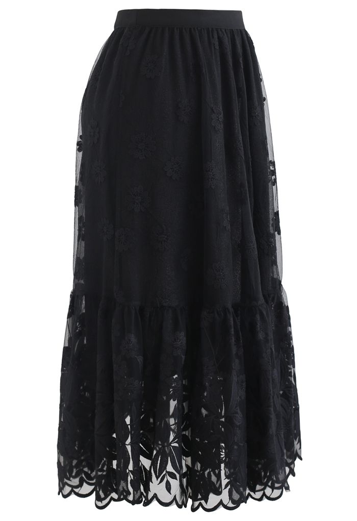 Embroidered Floral Organza Midi Skirt in Black