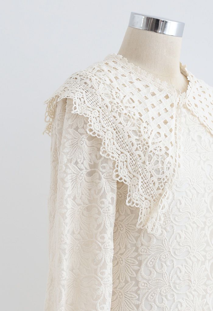 Crochet Collar Embroidered Ruffle Hem Mesh Dress