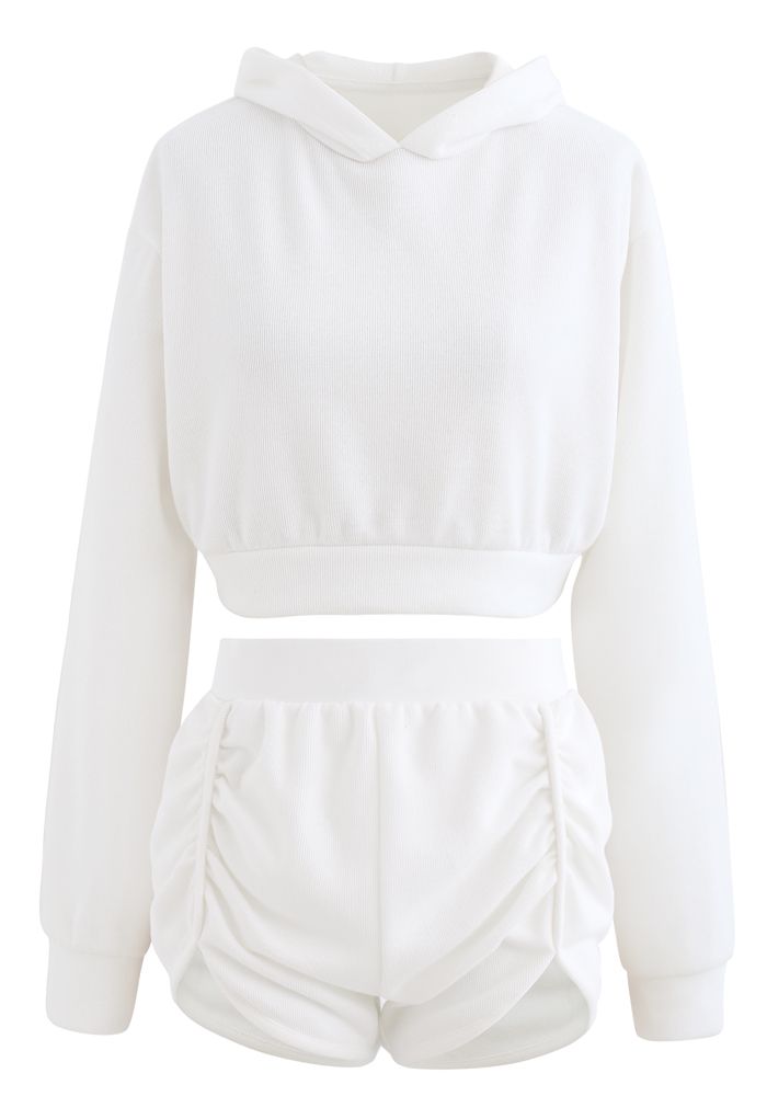 Cotton Blend Crop Hoodie and Shorts Set in White