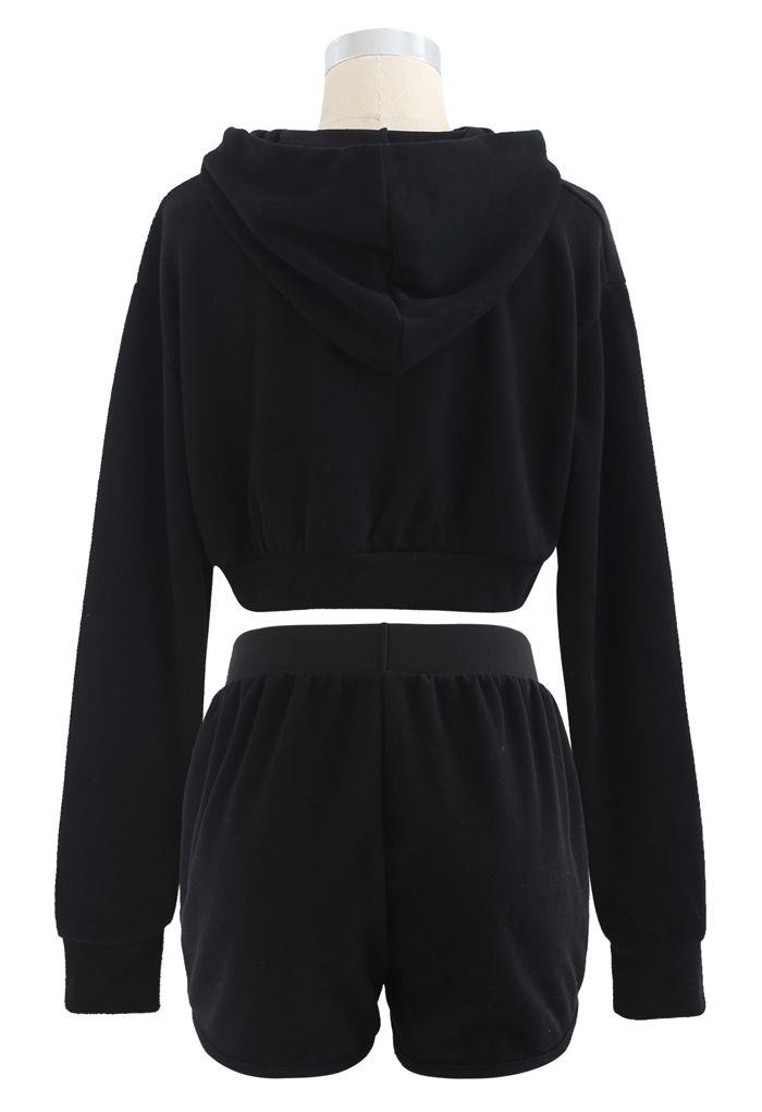 Cotton Blend Crop Hoodie and Shorts Set in Black
