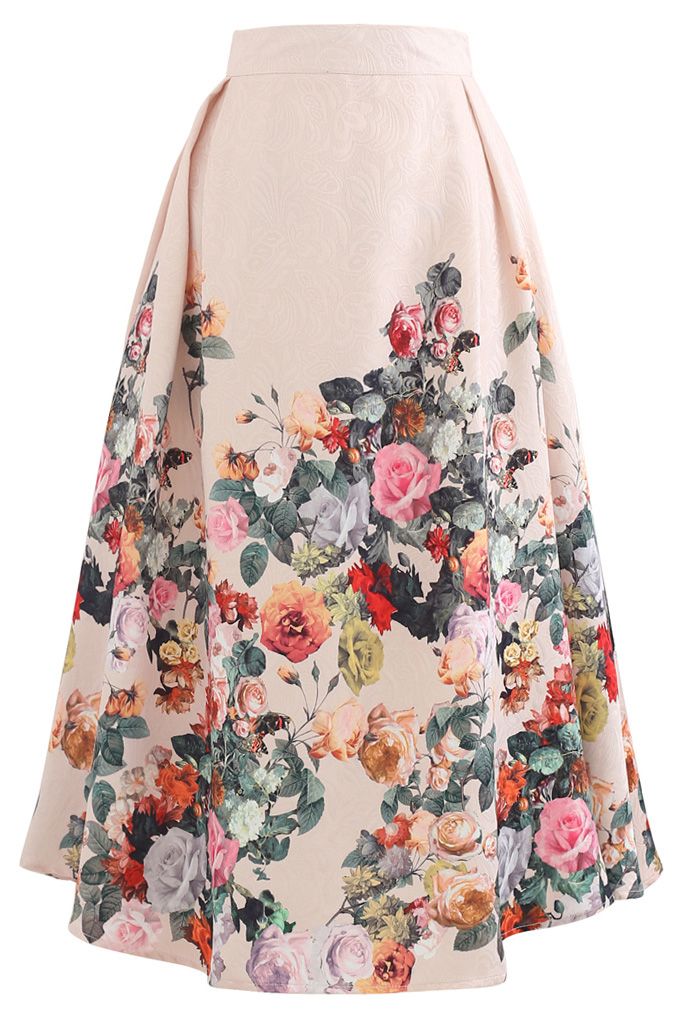 Wild Rose Print Embossed Midi Skirt