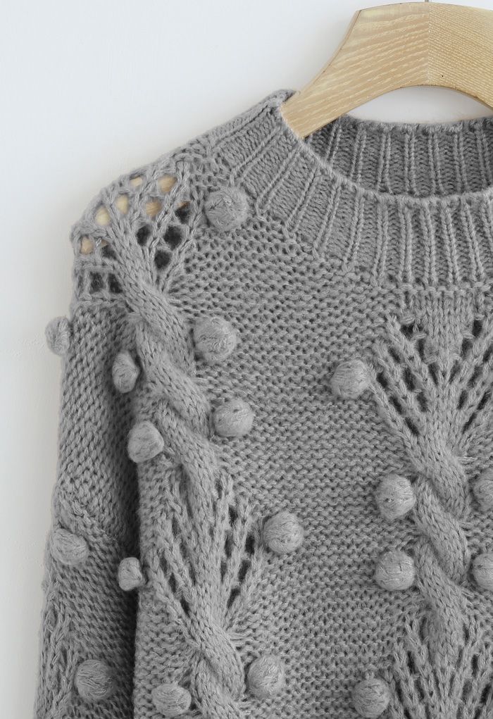 Cable Pom-Pom Eyelet Knit Sweater in Grey