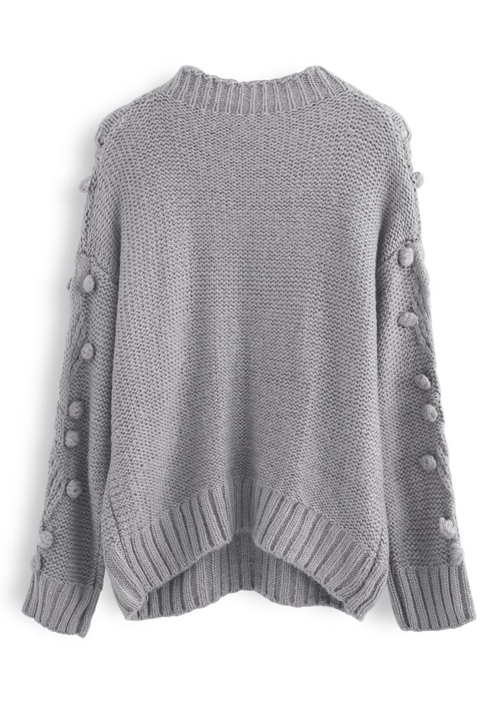 Cable Pom-Pom Eyelet Knit Sweater in Grey