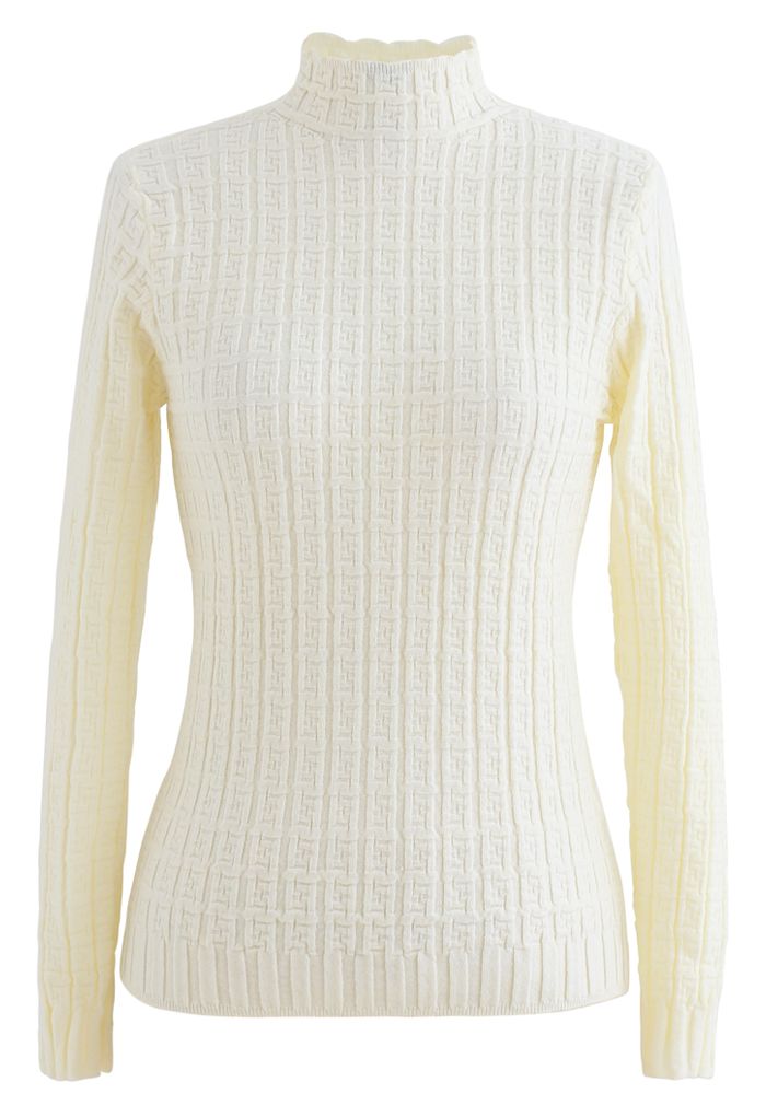 Maze Embossed High Neck Fitted Knit Top in Cream