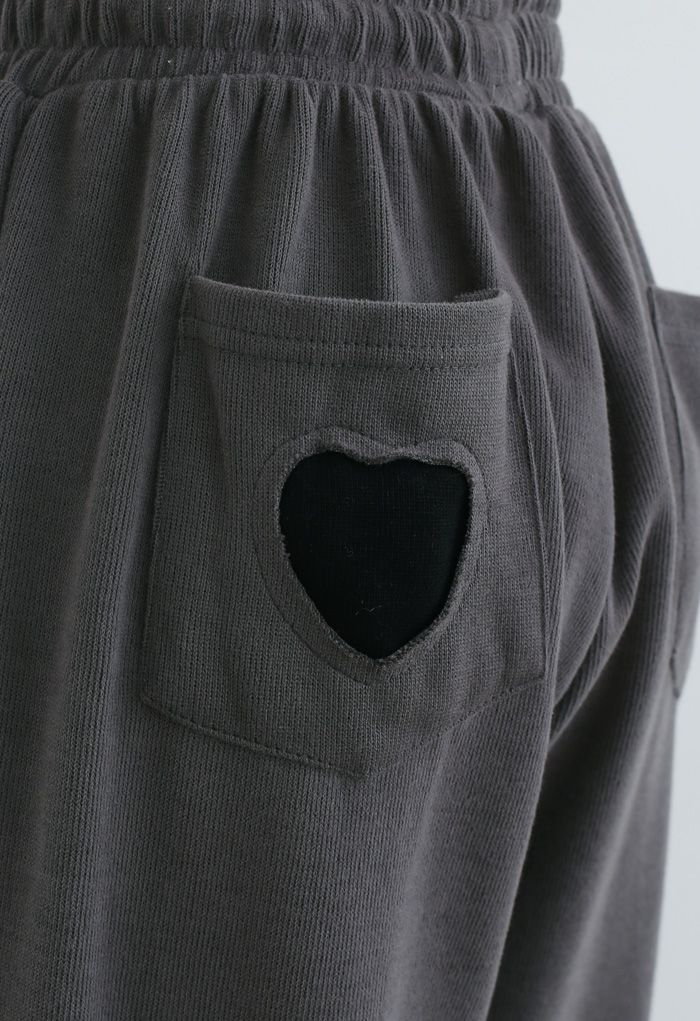 Heart Patched Pocket Drawstring Joggers in Smoke