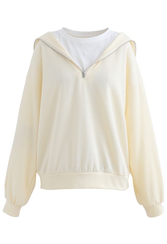Zipper Front Spliced Sweatshirt in Cream
