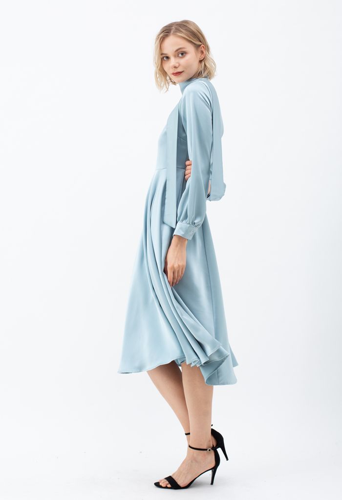 Scarf V-Neck Flare Midi Dress in Blue