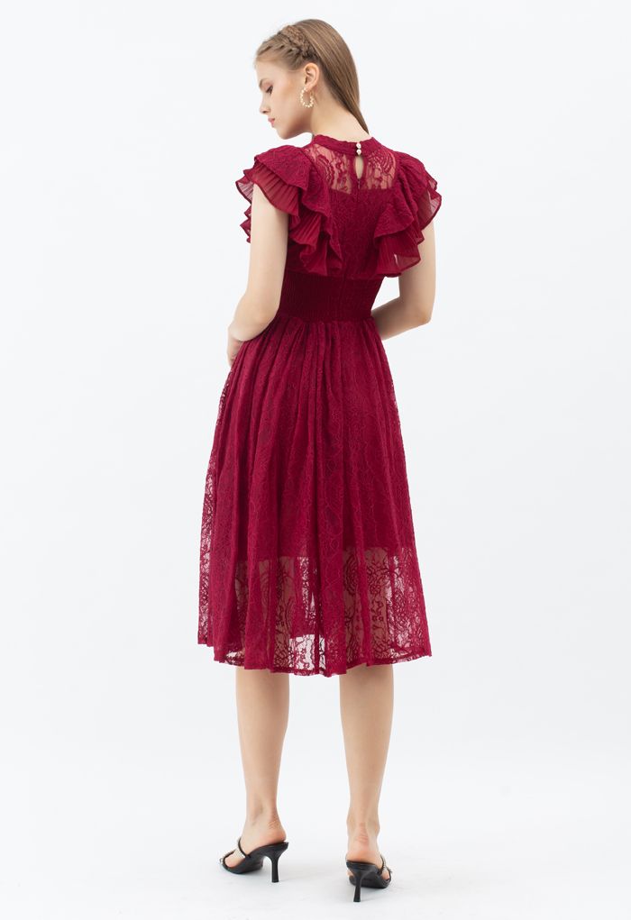 Tiered Ruffle Sleeveless Midi Lace Dress in Wine