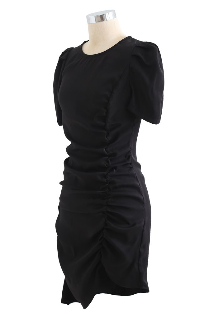 Puff Shoulder Ruched Bodycon Dress in Black