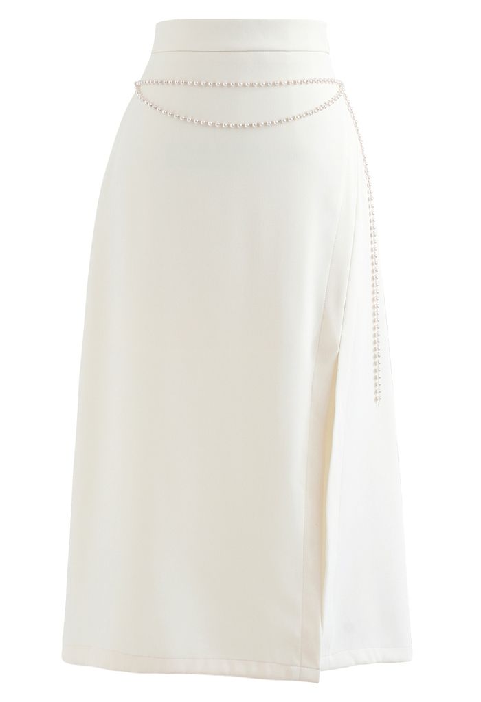 Pearls Chain Front Slit Midi Skirt in Cream