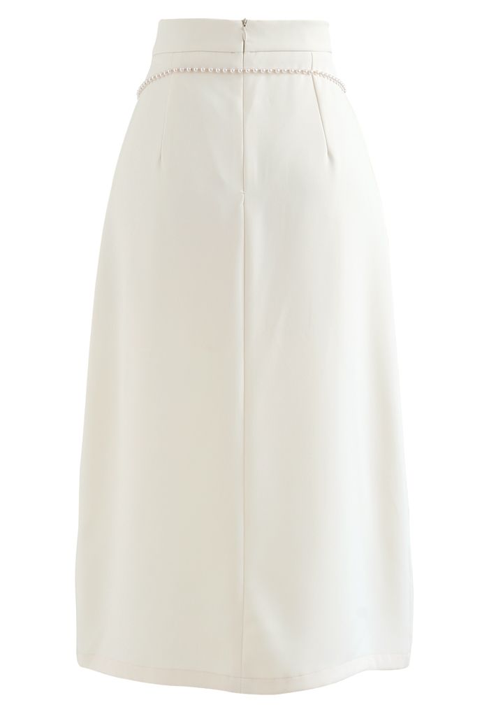 Pearls Chain Front Slit Midi Skirt in Cream