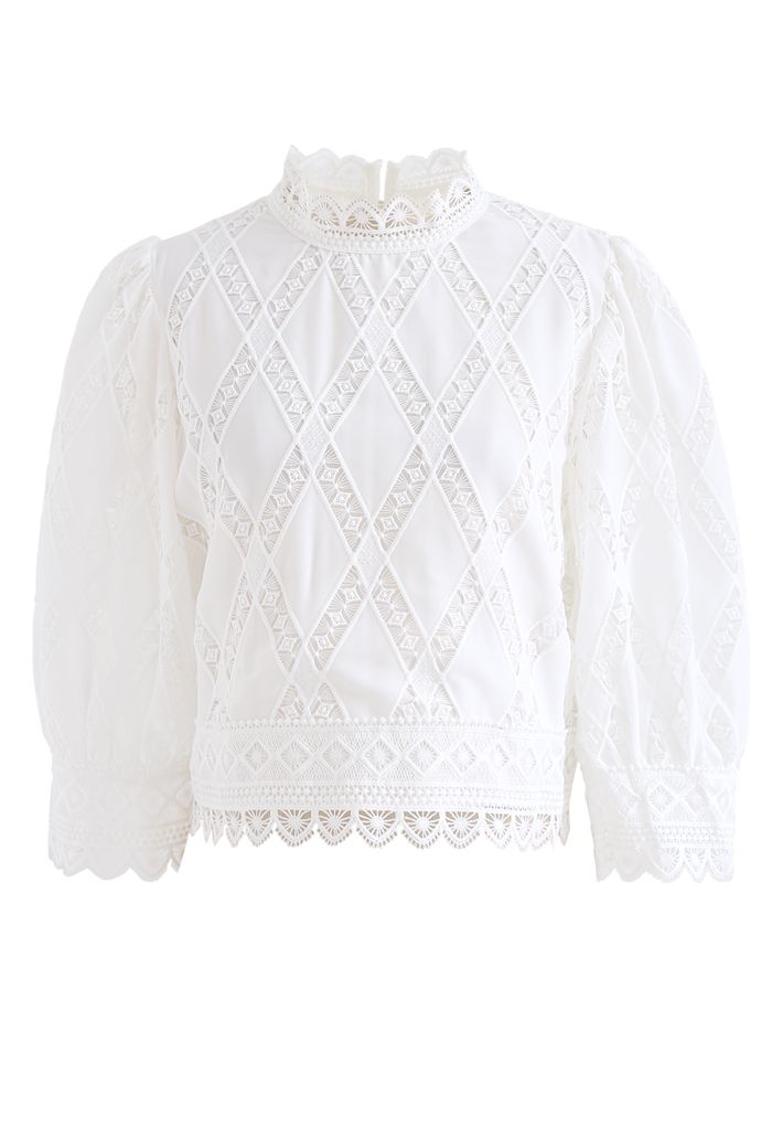 Crochet Inserted Puff Sleeves Crop Top in White