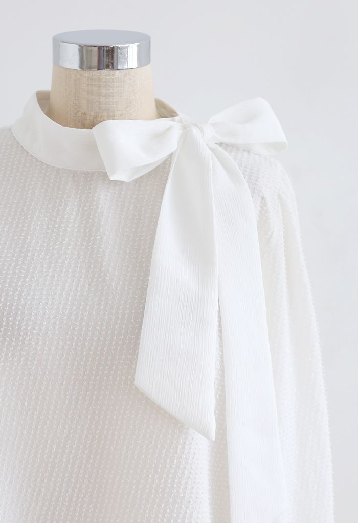 Tie a Bow Shimmer Tasseled Top in White