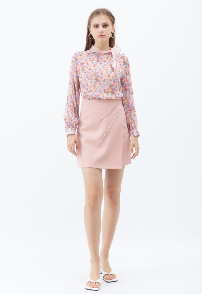 Pearls Embellished Flap Mini Skirt in Pink