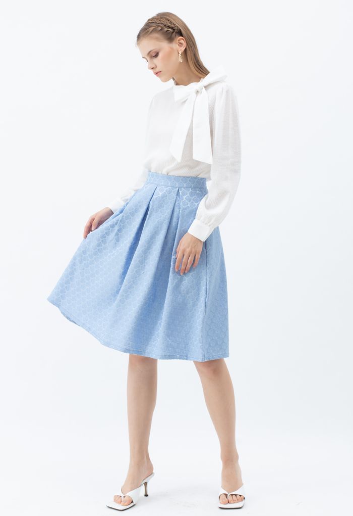 Embossed Rose Pleated Midi Skirt in Blue