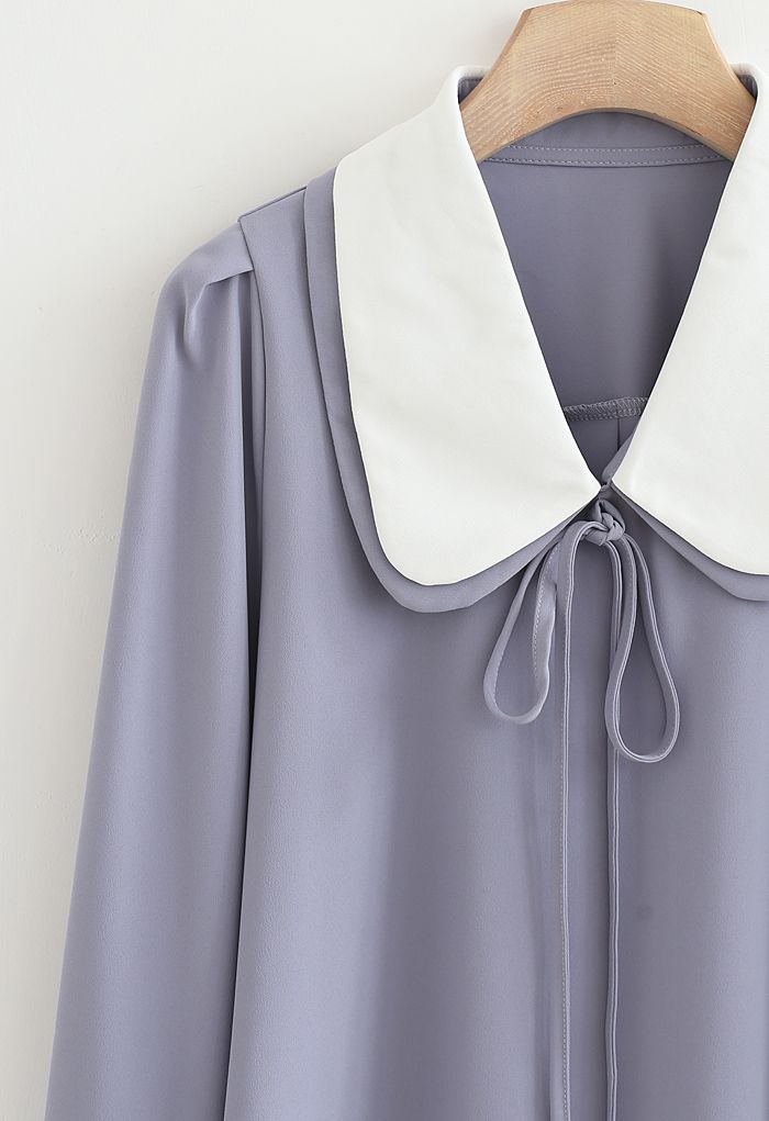 Double Collars Bowknot Shirt in Dusty Blue