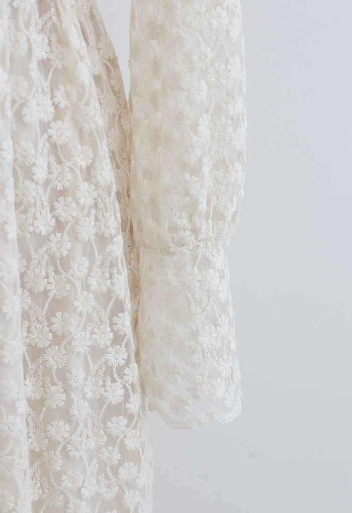 Full of Daisy Embroidered Ruffle Mesh Midi Dress in Ivory