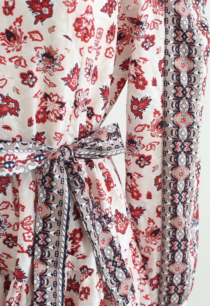 Exotic Bloom Puff Shoulder Self-Tie Ruffle Dress in Cream