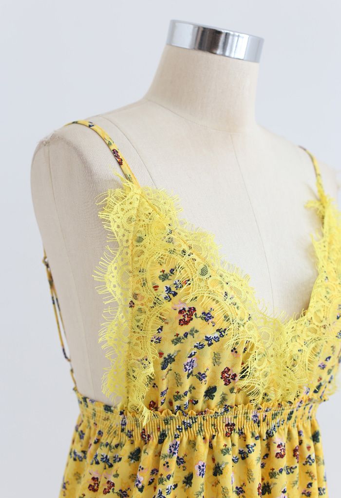 Plunging V-Neck Floret Ruffle Cami Dress in Yellow