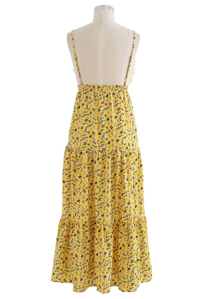 Plunging V-Neck Floret Ruffle Cami Dress in Yellow