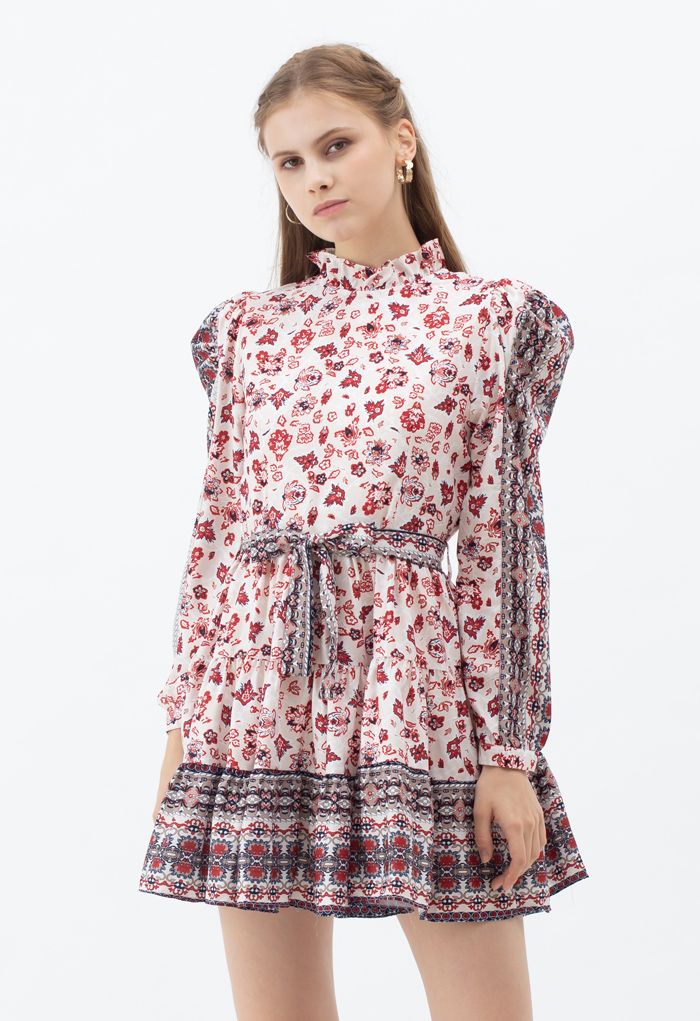 Exotic Bloom Puff Shoulder Self-Tie Ruffle Dress in Cream