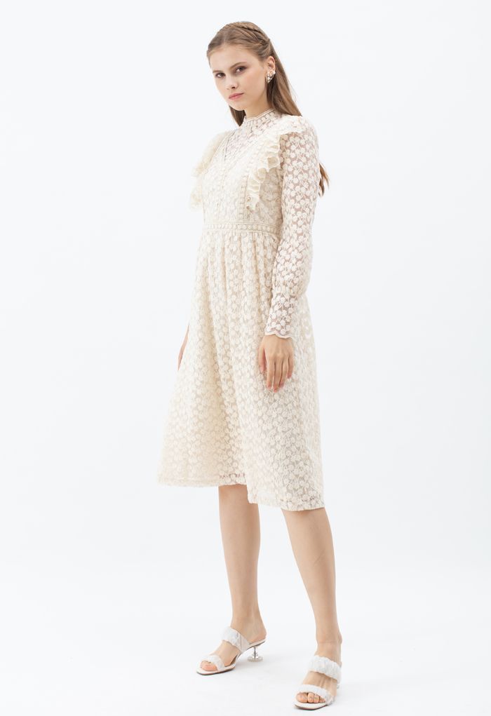 Full of Daisy Embroidered Ruffle Mesh Midi Dress in Ivory