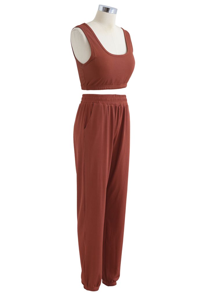 Soft Touch Cami Sports Bra and Joggers Set in Rust Red