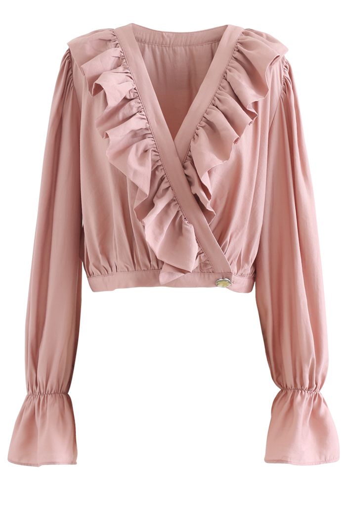 Buttoned Wrap Ruffle Crop Top in Pink