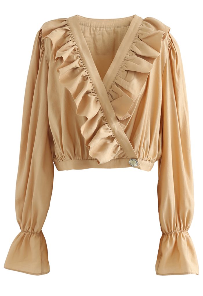 Buttoned Wrap Ruffle Crop Top in Apricot