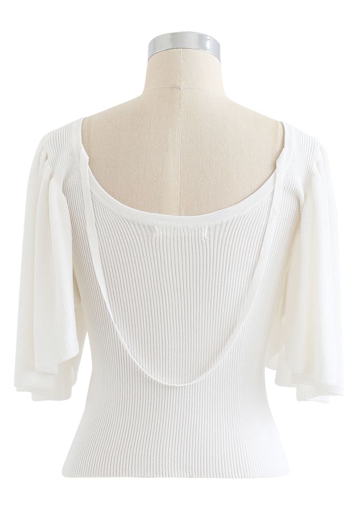 Drape Short Sleeves V-Neck Knit Top in White