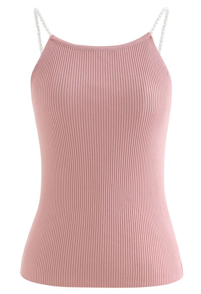 Pearl Straps Knit Cami Tank Top in Pink
