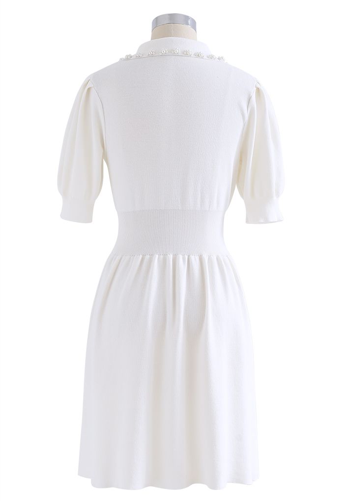 Pearly Collar Puff Sleeves Knit Skater Dress in White