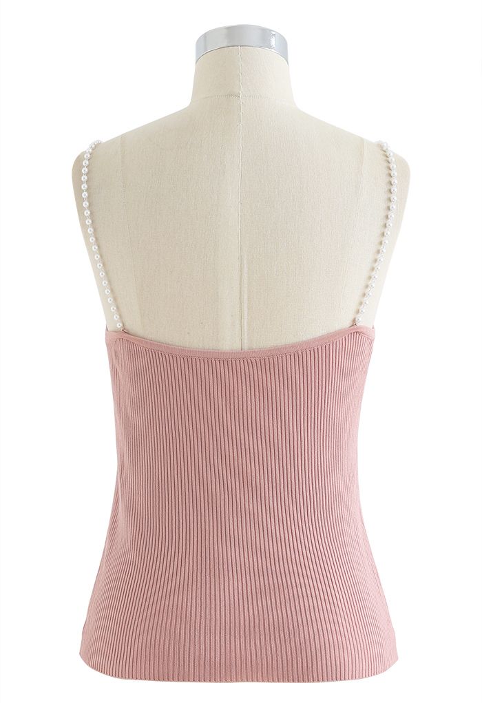 Pearl Straps Knit Cami Tank Top in Pink