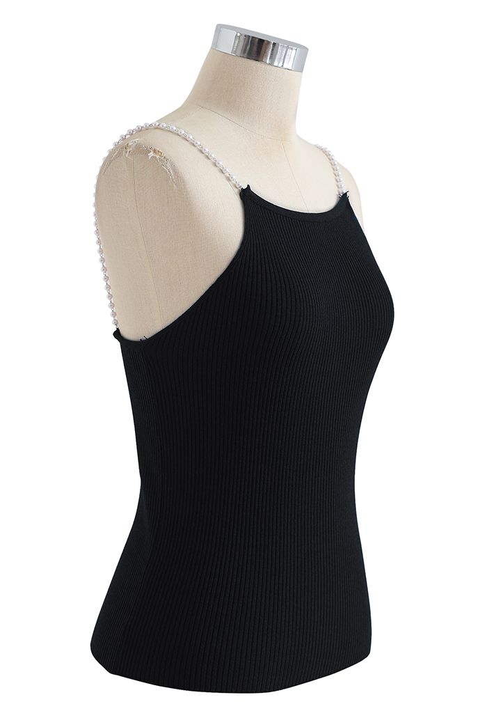 Pearl Straps Knit Cami Tank Top in Black