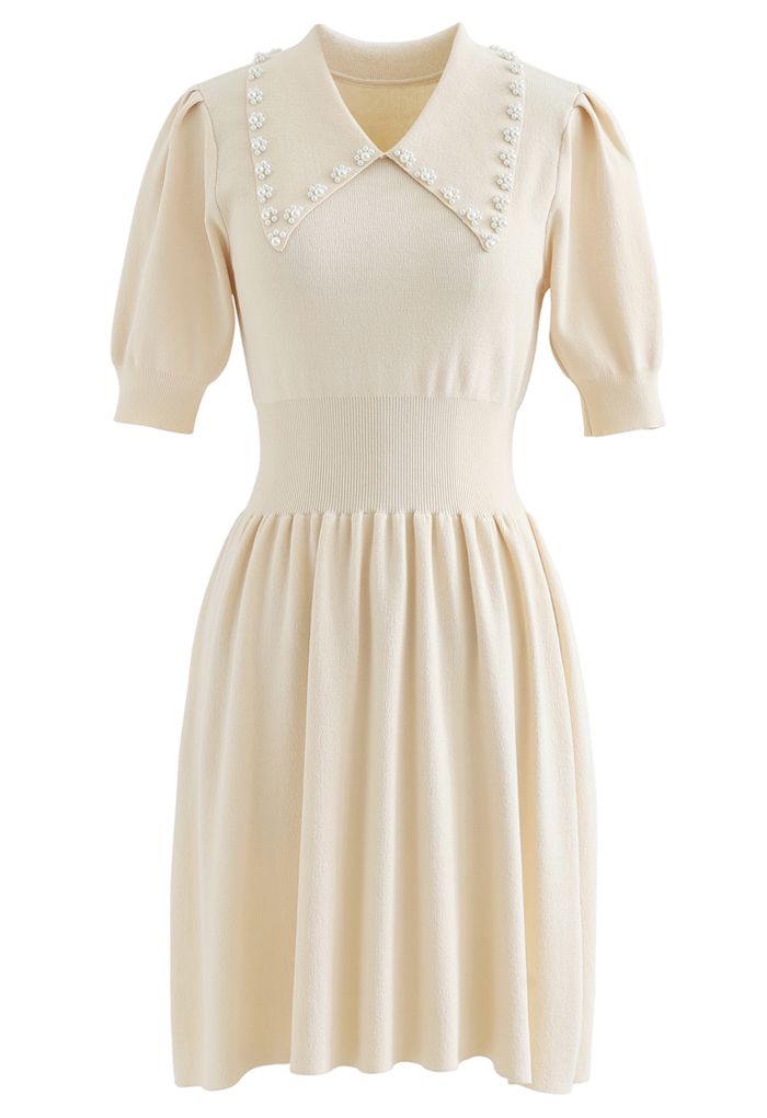 Pearly Collar Puff Sleeves Knit Skater Dress in Cream