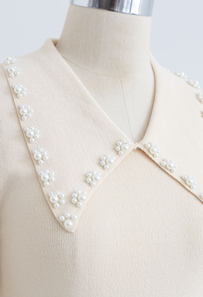 Pearly Collar Puff Sleeves Knit Skater Dress in Cream