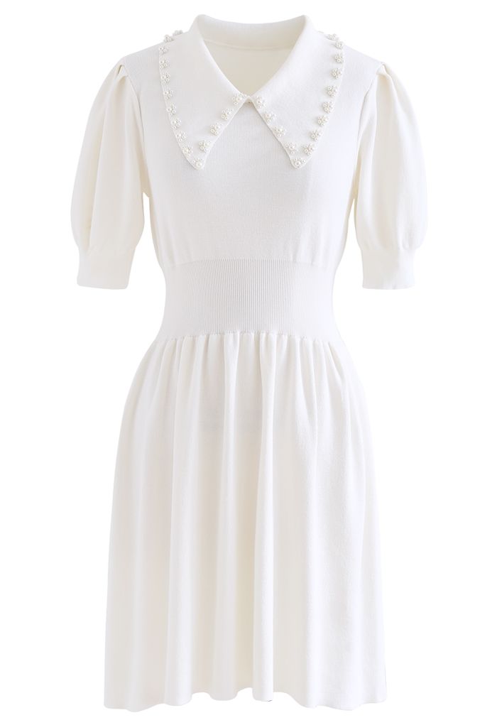 Pearly Collar Puff Sleeves Knit Skater Dress in White