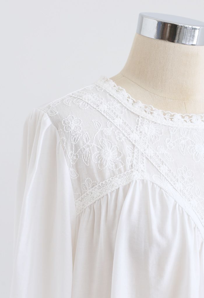 Embroidered Floral Long Sleeve Top in White