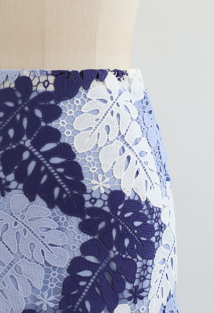 Multi-Color Leaves Crochet Pencil Skirt in Sky Blue