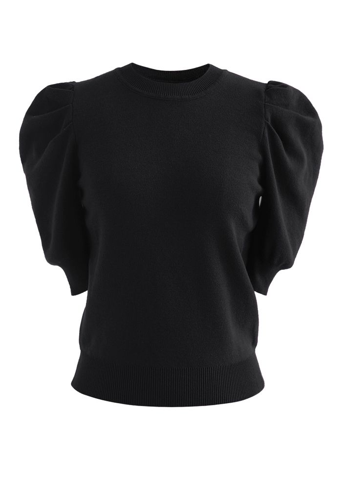 Bubble Short-Sleeve Knit Top in Black