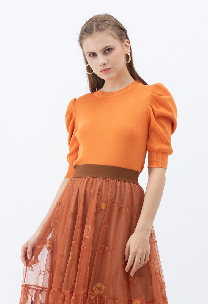 Bubble Short-Sleeve Knit Top in Orange