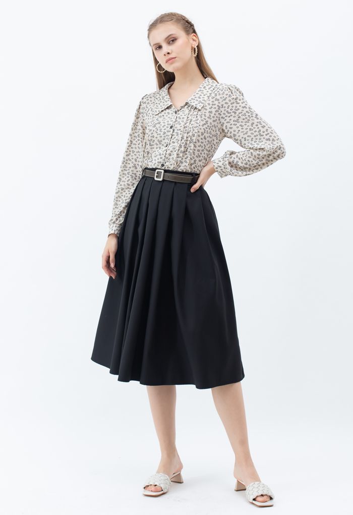 Classic Belted Pleated Midi Skirt in Black